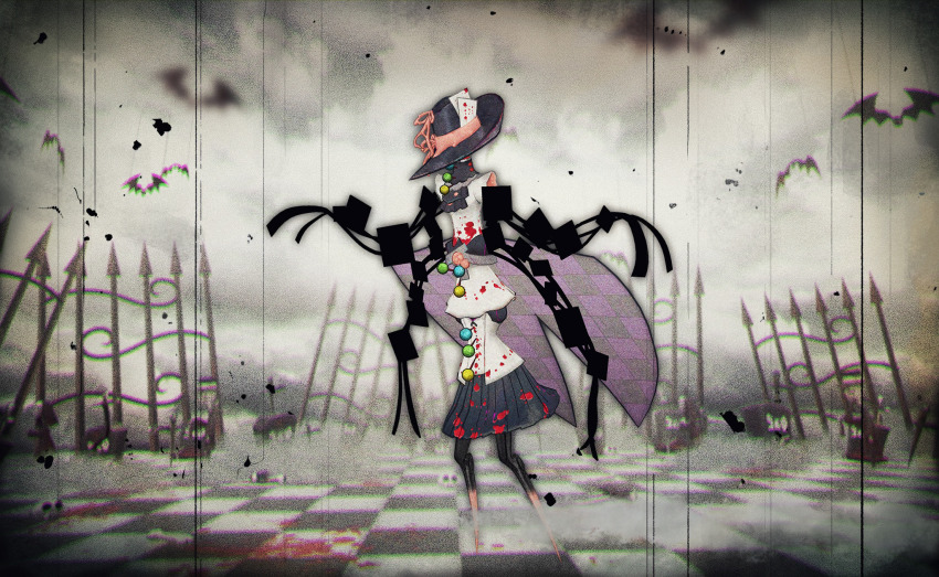 abstract artist_request ascot bat_(animal) beads black_ascot black_cape black_hat black_skirt blood blood_on_clothes blood_splatter cape card_in_hat checkered_cape checkered_clothes checkered_floor cloud cloudy_sky creature creature_focus fence film_grain game_cg hat highres latria_(madoka_magica) mahou_shoujo_madoka_magica mahou_shoujo_madoka_magica_magia_exedra miniskirt needle no_humans official_art pleated_skirt purple_cape skirt sky solo standing tombstone top_hat two-tone_cape witch&#039;s_labyrinth witch_(madoka_magica)