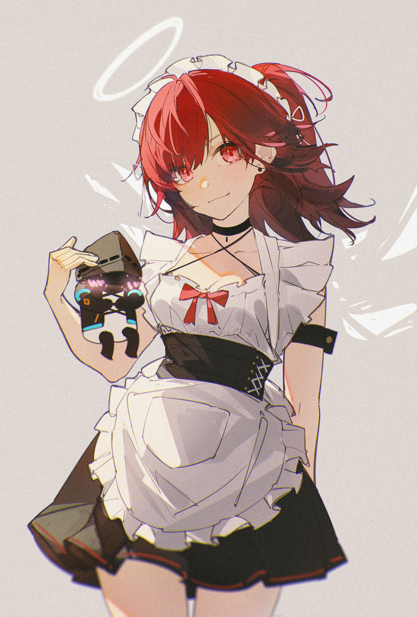 1girl apron arknights black_choker breasts choker doctor_(arknights) dress exusiai_(arknights) frilled_apron frilled_dress frills halo highres long_hair looking_at_viewer maid maid_headdress openvl ponytail red_eyes red_hair small_breasts thigh_gap