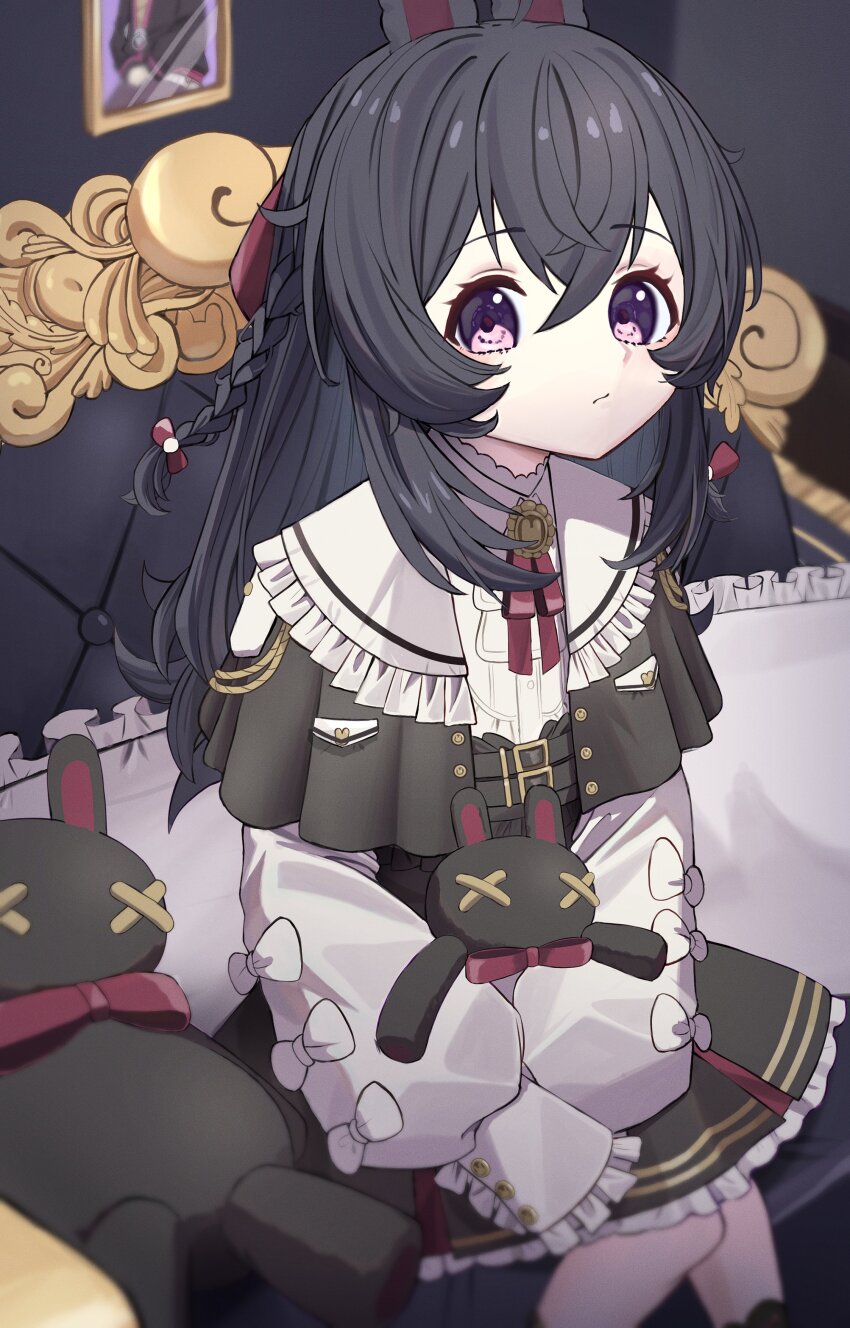 1girl absurdres animal_ears black_dress black_hair bow braid couch dress haikuyomi_(819) hair_bow harine_(pipkin_pippa) highres holding holding_stuffed_toy long_hair long_sleeves neck_ribbon on_couch phase_connect pillow pipkin_pippa pipkin_pippa_(shipkin_shippa) puffy_long_sleeves puffy_sleeves purple_eyes rabbit_ears rabbit_girl red_bow red_ribbon ribbon sailor_collar sitting sleeves_past_wrists solo stuffed_toy virtual_youtuber white_bow white_sailor_collar