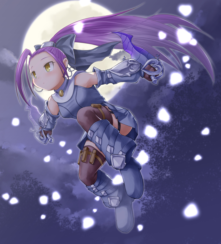 1girl :&lt; ahoge amulet black_bow boots bow breasts character_request commentary_request dagger detached_collar detached_sleeves dress dual_wielding emil_chronicle_online female_focus forehead full_body full_moon garter_straps hair_bow highres holding huge_ahoge jumping kasuga_yukihito knee_boots knife long_hair moon night ninja petals ponytail pouch purple_hair reverse_grip short_dress small_breasts solo thigh_pouch thighhighs very_long_hair weapon yellow_eyes