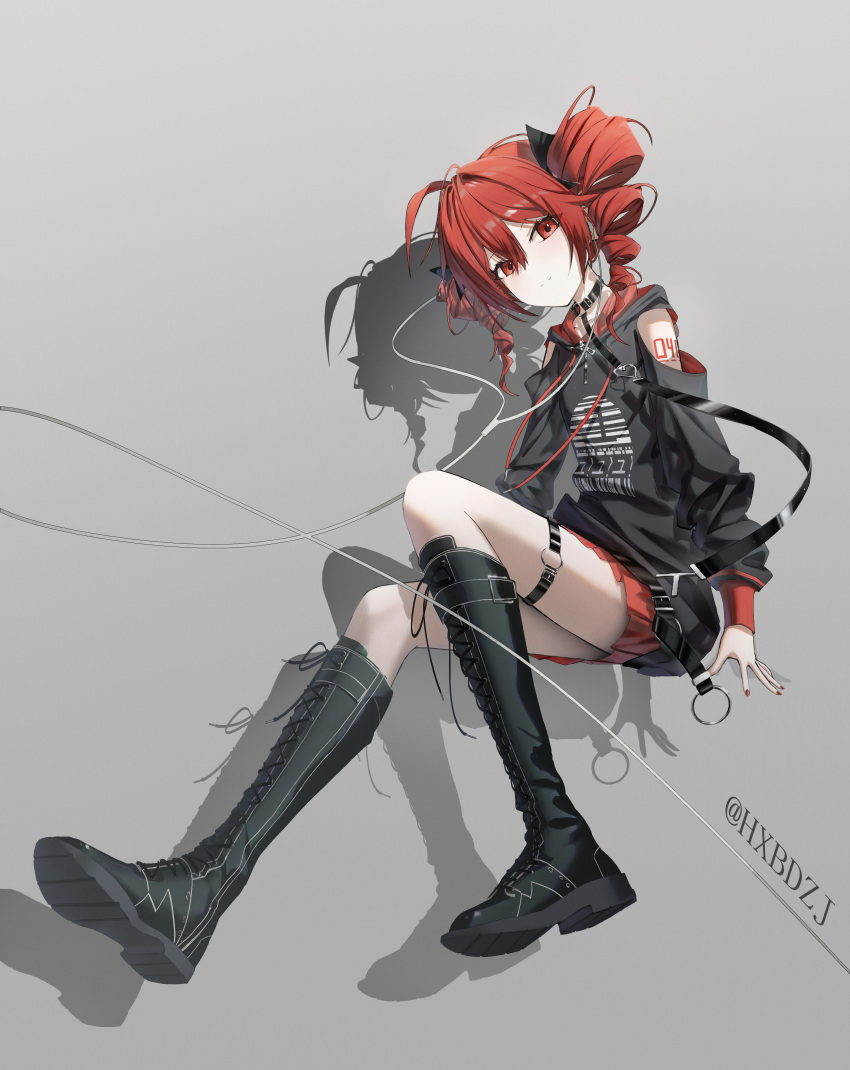 1girl absurdres black_boots black_choker black_hoodie blush boots choker closed_mouth clothing_cutout drill_hair hair_between_eyes highres hood hoodie hxbdzj kasane_teto knee_boots long_hair looking_at_viewer number_tattoo red_eyes red_hair red_nails red_skirt shoulder_cutout shoulder_tattoo sidelocks skirt smile solo tattoo thigh_strap twin_drills utau