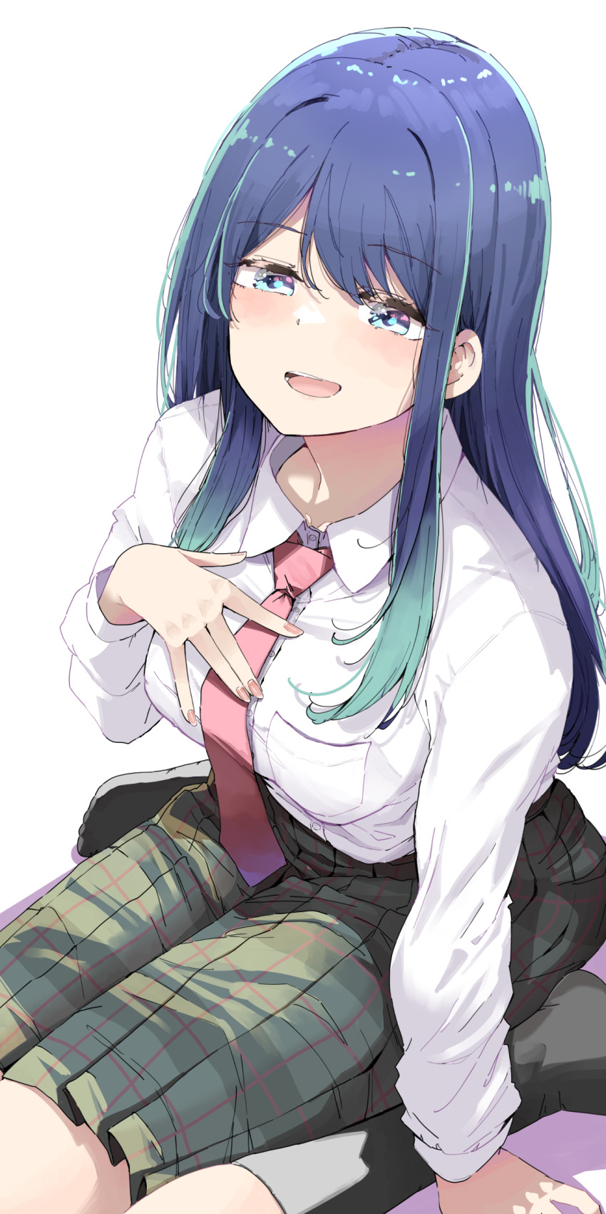 1girl black_socks blue_eyes blue_hair bra_visible_through_clothes gradient_hair green_hair green_skirt highres kurokawa_akane long_sleeves looking_at_viewer multicolored_hair necktie nyoijizai open_mouth oshi_no_ko pleated_skirt red_necktie school_uniform sidelocks simple_background sitting skirt smile socks solo two-tone_hair wariza white_background