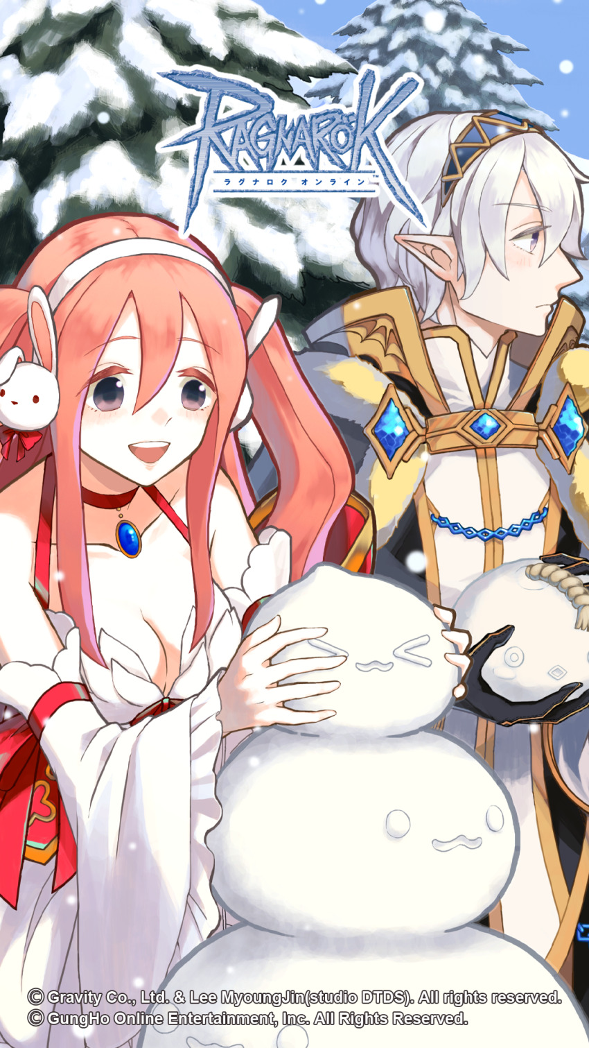 1boy 1girl :3 black_cape blue_gemstone blue_hairband blue_sky blush bomb_poring breasts cape chain choker clear_sky cleavage closed_mouth collarbone copyright_notice corset cowboy_shot detached_sleeves dress expressionless frilled_sleeves frills fur-trimmed_cape fur_trim fuse gem gold_trim grey_eyes hair_between_eyes hairband highres holding holding_snowball kusabi_(aighe) logo long_hair looking_afar looking_to_the_side medium_breasts official_alternate_costume official_art official_wallpaper open_mouth outdoors pink_hair pointy_ears poring purple_eyes rabbit_earmuffs ragnarok_online red_choker red_corset shirt short_hair sky sleeveless sleeveless_dress smile snowball snowing snowman twintails wanderer_(ragnarok_online) warlock_(ragnarok_online) white_dress white_hair white_shirt white_sleeves wide_sleeves