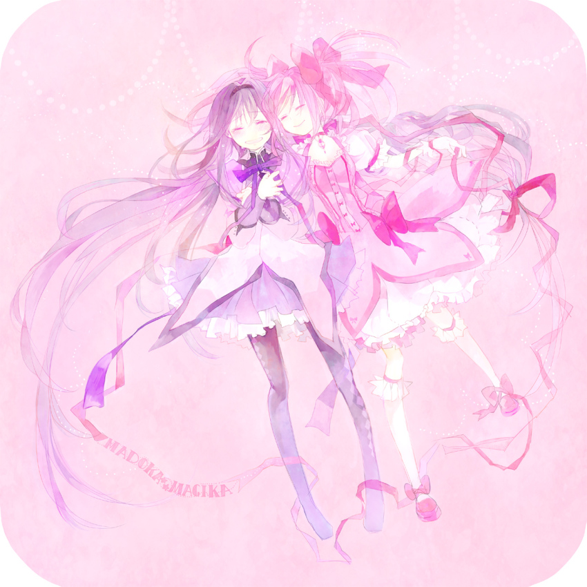 10s 10t 10t_(1010) 2girls akemi_homura akemi_homura_(magical_girl) argyle_clothes argyle_legwear blush bow closed_eyes friends hair_bow highres kaname_madoka kaname_madoka_(magical_girl) long_hair magical_girl mahou_shoujo_madoka_magica mahou_shoujo_madoka_magica_(anime) multiple_girls pantyhose pink_hair pink_theme purple_hair rounded_corners shoes smile tears twintails very_long_hair