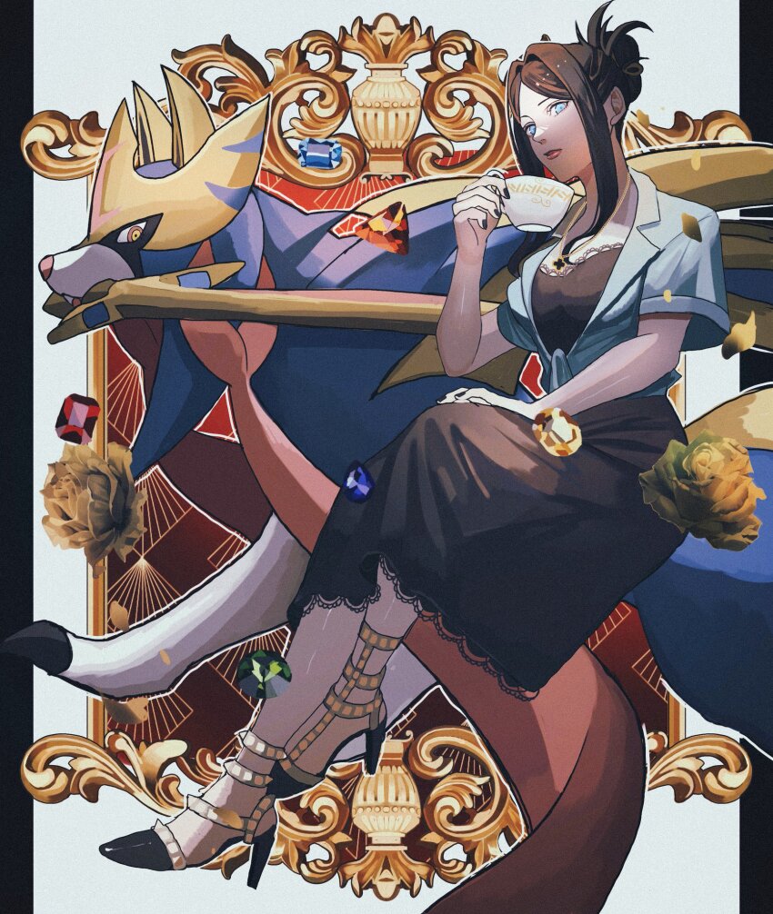 1girl black_dress black_footwear black_nails blue_eyes blue_gemstone blue_shirt brown_hair commission crossed_legs cup dress fangs gem gen_8_pokemon green_gemstone hair_bun high_heels highres holding holding_cup holding_sword holding_weapon legendary_pokemon lips mouth_hold nintendo orange_gemstone original pokemon pokemon_(creature) red_gemstone reo_(mmocc123) shirt sitting skeb_commission sword weapon yellow_eyes zacian zacian_(crowned)