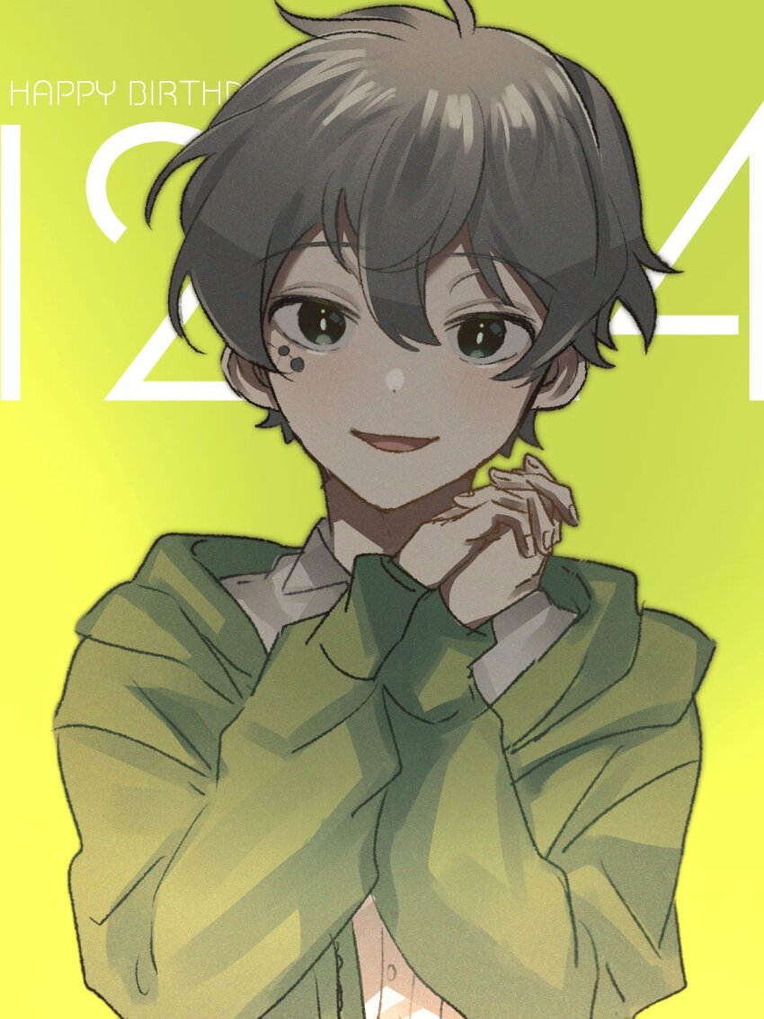 1boy ahoge black_eyes black_hair bright_pupils cardigan collared_shirt commentary dated double-parted_bangs english_text facial_mark fingernails green_background green_cardigan hair_between_eyes happy_birthday highres interlocked_fingers kagerou_project kokonose_haruka long_sleeves looking_at_viewer male_focus mokemoke_chan open_cardigan open_clothes open_mouth own_hands_together shirt short_hair smile solo straight-on unbuttoned white_shirt yellow_background