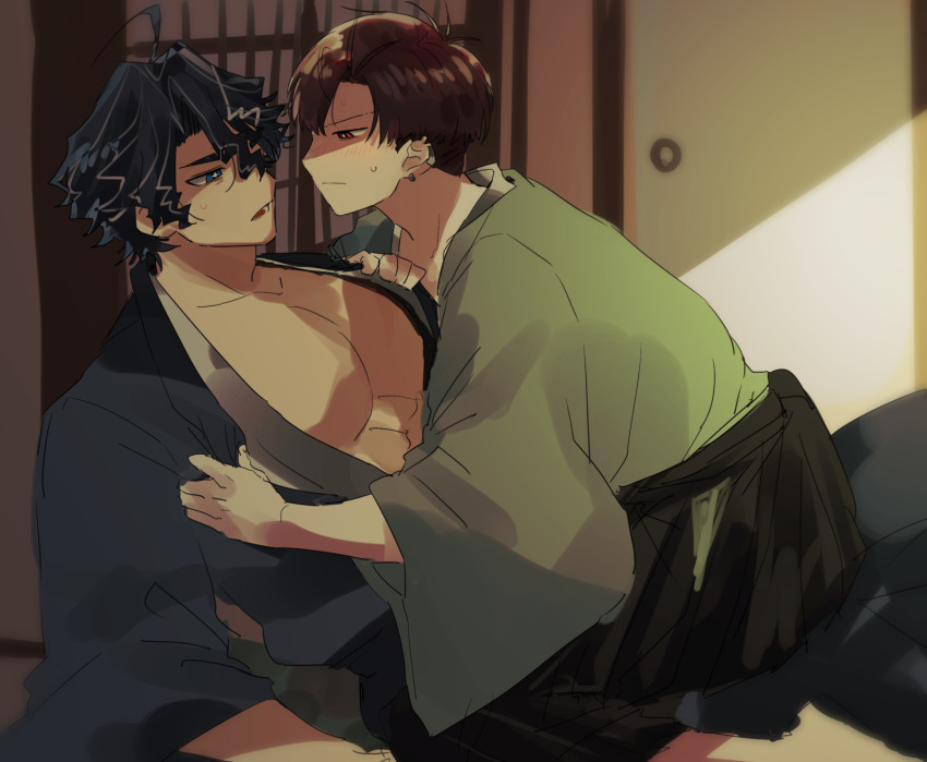 2boys ahoge black_hair black_hakama blue_eyes blue_hakama blue_haori blush closed_mouth collarbone commentary_request eye_contact fate/grand_order fate_(series) green_haori grey_hair hair_between_eyes hakama haori highres indoors japanese_clothes kimono long_sleeves looking_at_another lying male_focus multicolored_hair multiple_boys open_clothes open_mouth parted_bangs pectorals profile red_eyes red_hair short_hair sitting sitting_on_person straddling streaked_hair sweatdrop takasugi_shinsaku_(fate) takasugi_shinsaku_(first_ascension)_(fate) v-shaped_eyebrows wide_sleeves yaoi yoshida_shouin_(fate) yuu_(areruya)