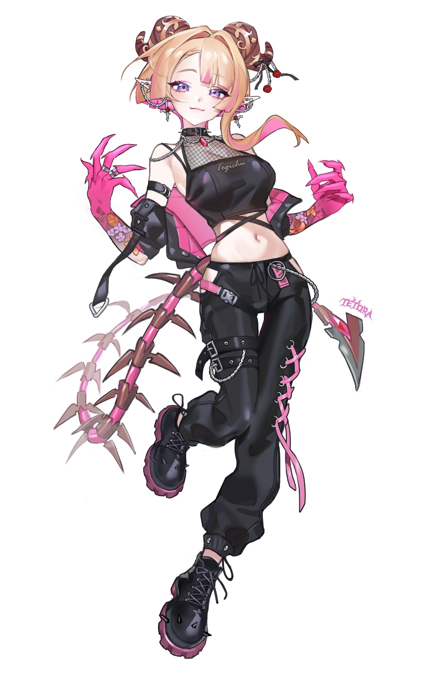 1girl 666666ttr :3 absurdres arm_tattoo armlet artist_name asymmetrical_hair bare_shoulders belt_chain black_choker black_jacket black_pants black_shoes blonde_hair blunt_bangs blunt_ends bone_tail breasts brown_horns brown_tail choker cleavage closed_mouth colored_extremities colored_hands colored_inner_hair commission crop_top cropped_jacket cross cross-laced_clothes cross-laced_pants cross-laced_top cross_earrings diamond-shaped_pupils diamond_(shape) ear_chain earrings eyeshadow fingernails fishnet_top fishnets full_body gem hair_intakes halterneck highres horn_ornament horns indie_virtual_youtuber jacket jacket_partially_removed jewelry knee_up knees_together_feet_apart latin_cross light_smile looking_at_viewer makeup medium_breasts midriff multicolored_hair multiple_rings navel off_shoulder open_clothes open_jacket padded_jacket pale_skin pants pink_eyeshadow pink_hair pink_jacket pink_ribbon pink_tail pointy_ears purple_eyes ribbon ring second-party_source sharp_fingernails sheep_horns shoes short_hair_with_long_locks shoulder_necklace side_part simple_background single_sidelock solo spiked_choker spiked_shoes spikes streaked_hair symbol-shaped_pupils tail tattoo togichu_(vtuber) two-tone_tail w_arms white_background wrist_tattoo