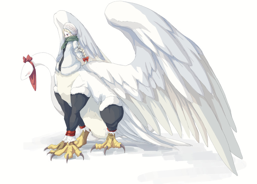 1girl 4138 black_sweater black_thighhighs blonde_hair body_fur bow braid braided_ponytail centauroid claws coat commentary creature feathered_wings full_body fur-trimmed_thighhighs fur_trim green_scarf hair_bow hat highres long_hair looking_to_the_side monster_girl original oversized_wings red_bow red_eyes scarf simple_background single_braid standing sweater taur thighhighs white_background white_coat white_fur white_hat white_wings wings winter_clothes winter_coat