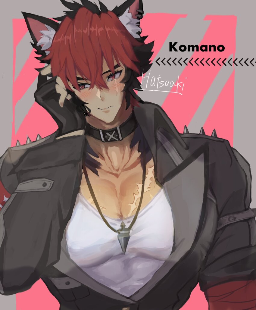1boy animal_ears bandaged_arm bandages black_choker black_jacket blush choker dog_boy ear_piercing fingerless_gloves gloves highres jacket jewelry komano_manato large_pectorals male_focus multicolored_hair multiple_scars muscular muscular_male necklace pectorals piercing red_eyes scar scar_on_face shirt short_hair solo white_shirt zenless_zone_zero
