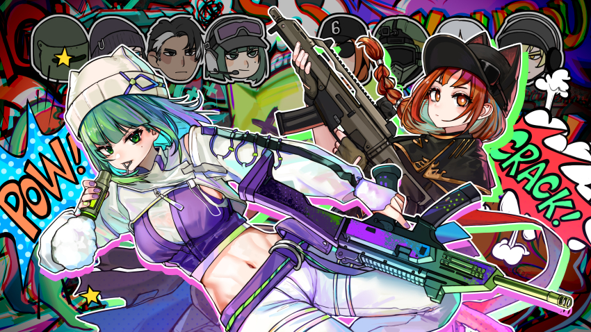 4boys 4girls absurdres animal_ear_headwear arknights ash_(rainbow_six_siege) ash_(ranger)_(rainbow_six_siege) assault_rifle beanie black_hat blitz_(rainbow_six_siege) braid brown_eyes crop_top cropped_jacket cz_scorpion_evo_3 doc_(rainbow_six_siege) ela_(rainbow_six_siege) ela_(safehouse)_(rainbow_six_siege) fake_animal_ears frost_(rainbow_six_siege) fuze_(rainbow_six_siege) green_eyes green_hair gun h&amp;k_g36c hat heckler_&amp;_koch highres holding holding_gun holding_weapon iana_(rainbow_six_siege) jacket kourou_(kouroukun) long_hair mole mole_under_eye multiple_boys multiple_girls navel pants rainbow_six_siege red_hair rifle single_braid submachine_gun tachanka_(rainbow_six_siege) weapon white_jacket white_pants