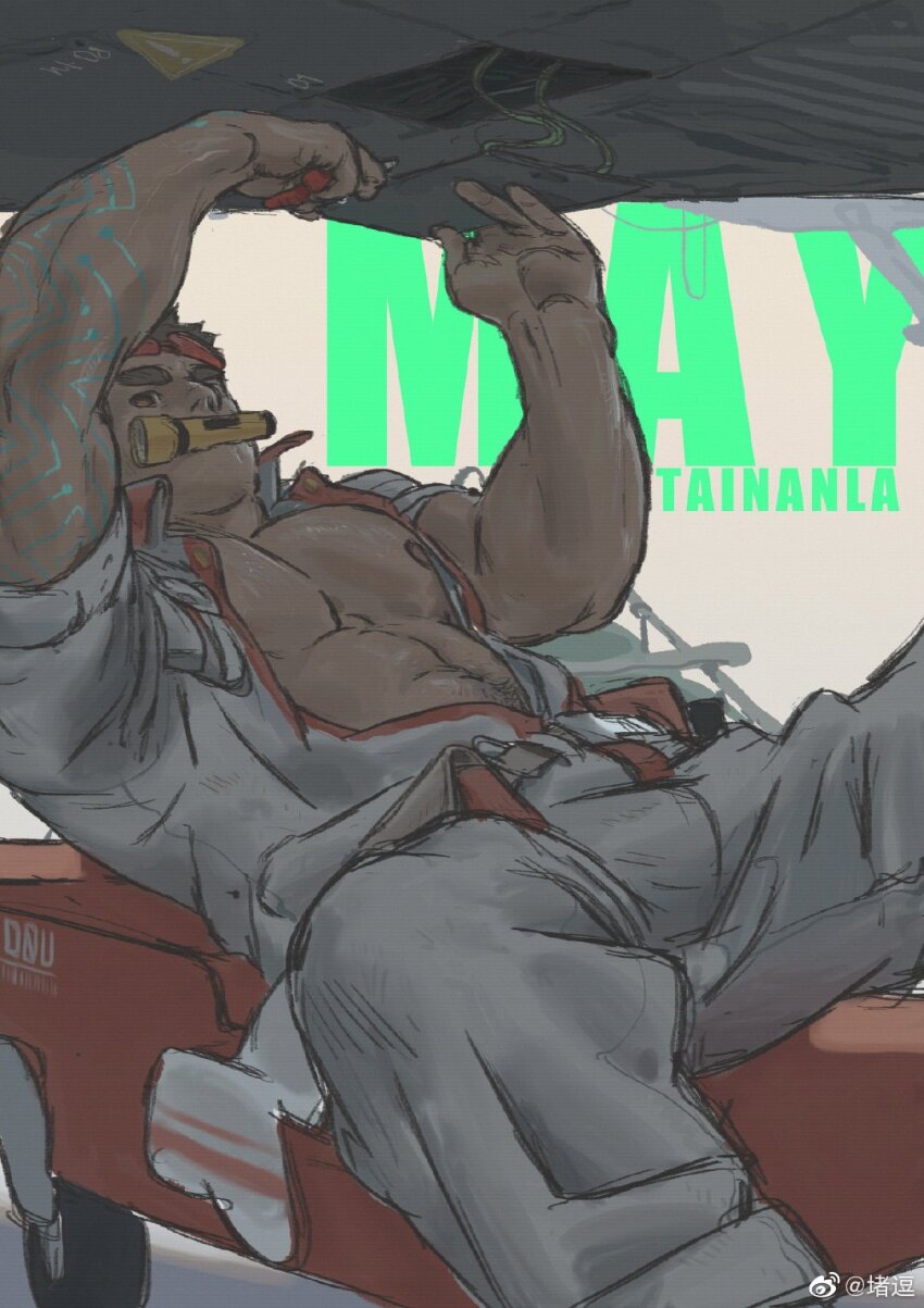 1boy abs bara bare_pectorals body_markings brown_hair du_dou_(weibo_2308297784) feet_out_of_frame flashlight goggles goggles_on_head highres kajiya_kurogane large_pectorals lying male_focus mechanic muscular muscular_male navel_hair nipples on_back open_jumpsuit outstretched_arms pectorals short_hair solo spread_legs stomach thick_eyebrows tokyo_houkago_summoners unfinished