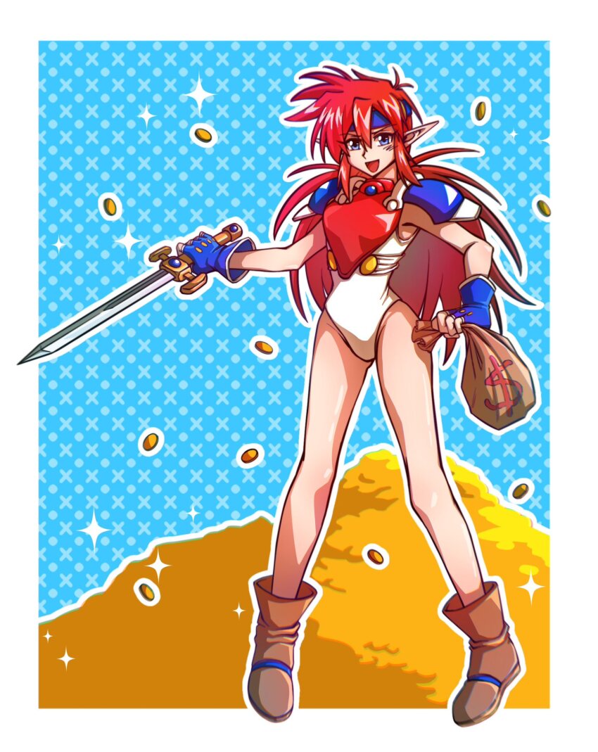 1girl arkibk armor bag blue_background blue_eyes blue_gloves blue_headband boots border breastplate brown_boots coin dollar_sign fingerless_gloves full_body gloves gold_coin headband highres holding holding_bag holding_sword holding_weapon leotard long_hair mail_(popful_mail) multiple_girls outline outside_border pointy_ears popful_mail red_hair shoulder_pads solo sparkle standing sword weapon white_border white_leotard
