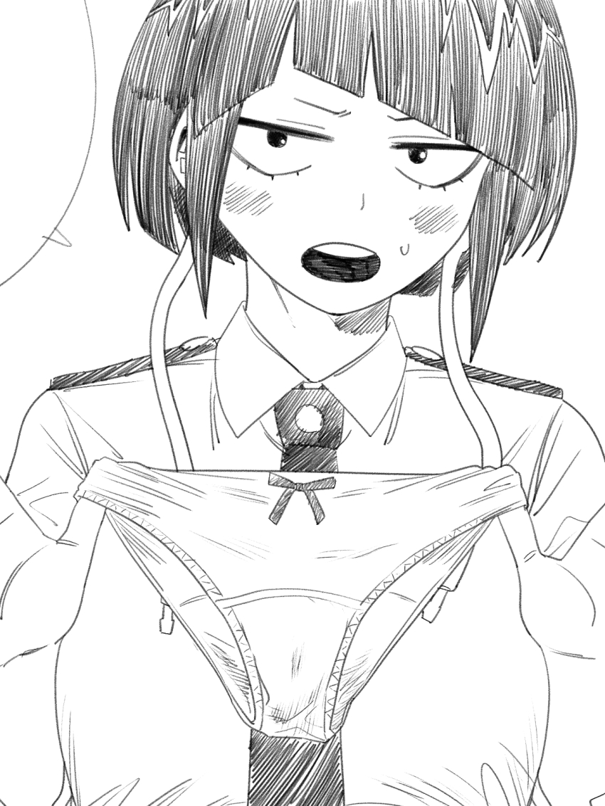 1girl audio_jack blush boku_no_hero_academia collared_shirt greyscale highres holding holding_panties holding_underwear holding_unworn_clothes jiro_kyoka long_earlobes monochrome nanami_toga necktie open_mouth panties presenting_removed_panties school_uniform shirt short_hair solo sweatdrop teeth u.a._school_uniform underwear upper_teeth_only
