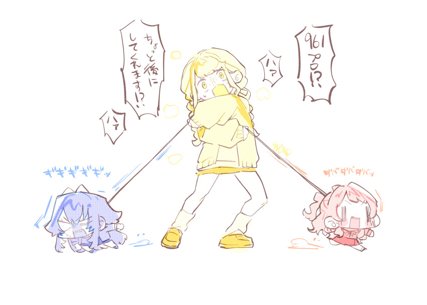 3girls blank_eyes blonde_hair braid car chibi commentary_request crossed_arms fujita_kotone full_body gakuen_idolmaster hanami_saki highres holding holding_leash idolmaster leash motor_vehicle multiple_girls running simple_background smile speech_bubble translation_request tsukimura_temari twin_braids white_background yellow_car yuusuke_(yyy_xp) |_|