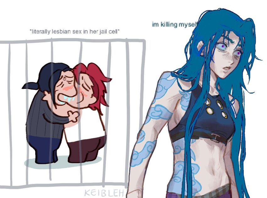 3girls arcane:_league_of_legends arcane_caitlyn arcane_jinx arcane_vi arm_tattoo black_hair blue_hair blush breasts caitlyn_(league_of_legends) cloud_tattoo crop_top english_text jinx_(league_of_legends) keibleh kiss league_of_legends long_hair meme multiple_girls navel pale_skin prison_cell purple_eyes red_hair saliva small_breasts spoilers stomach_tattoo tattoo vi_(league_of_legends) yoshi_and_toad_kissing_(meme) yuri