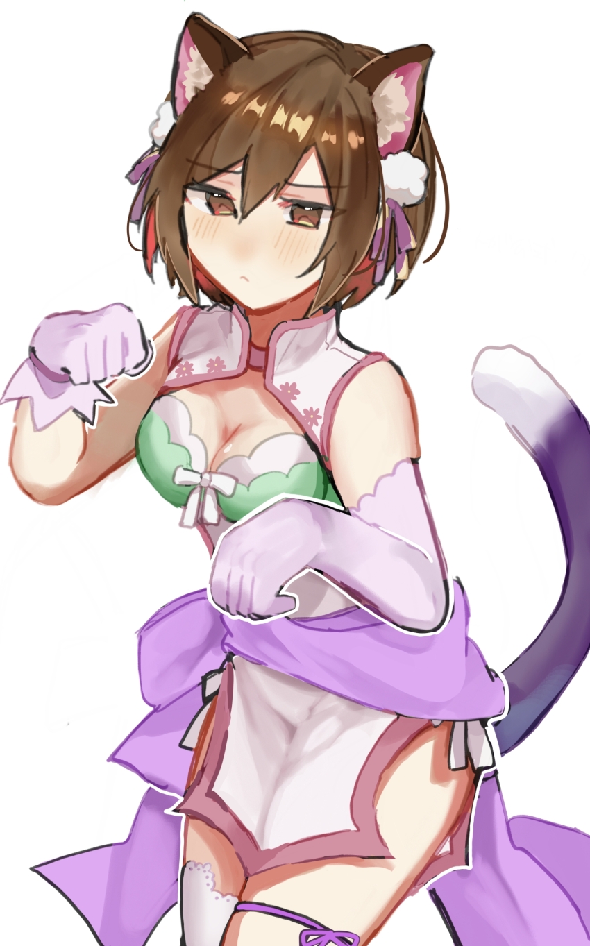 1girl absurdres animal_ear_fluff animal_ears blush breasts brown_eyes brown_hair cat_ears cat_girl cat_tail china_dress chinese_clothes cleavage commentary_request dress eyelashes hair_between_eyes hair_ribbon highres looking_at_viewer medium_breasts meiko_(vocaloid) paw_pose project_diva_(series) ribbon short_hair solo standing susuki_(pixiv_99838945) tail thighhighs vocaloid white_background