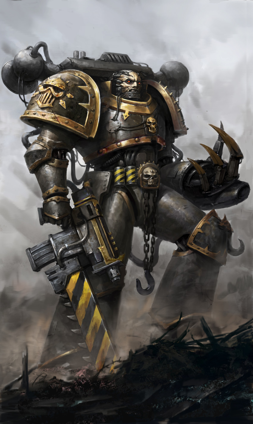 1boy absurdres adeptus_astartes angry armor armored_boots bald bayonet bolter boots chain chainsword chaos_(warhammer) chaos_space_marine claw_(weapon) full_armor full_body grey_sky gun hazard_stripes highres holding holding_gun holding_weapon hook iron_warriors looking_at_viewer military open_mouth outdoors pauldrons power_armor red_eyes rubble shoulder_armor shoulder_spikes skull_ornament sky smoke solo space_marine spikes standing teeth trolljuncha warhammer_40k weapon