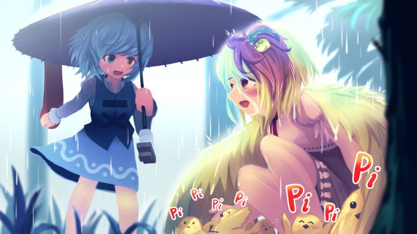 2girls baby_animal bird blonde_hair blue_skirt blue_vest blush chick commentary_request full_body garakuraku holding holding_umbrella karakasa_obake long_sleeves looking_at_another multicolored_hair multiple_girls niwatari_kutaka open_mouth outdoors purple_umbrella rain red_eyes red_hair shirt short_hair skirt standing tatara_kogasa tongue touhou tree two-tone_hair umbrella vest white_shirt yellow_wings