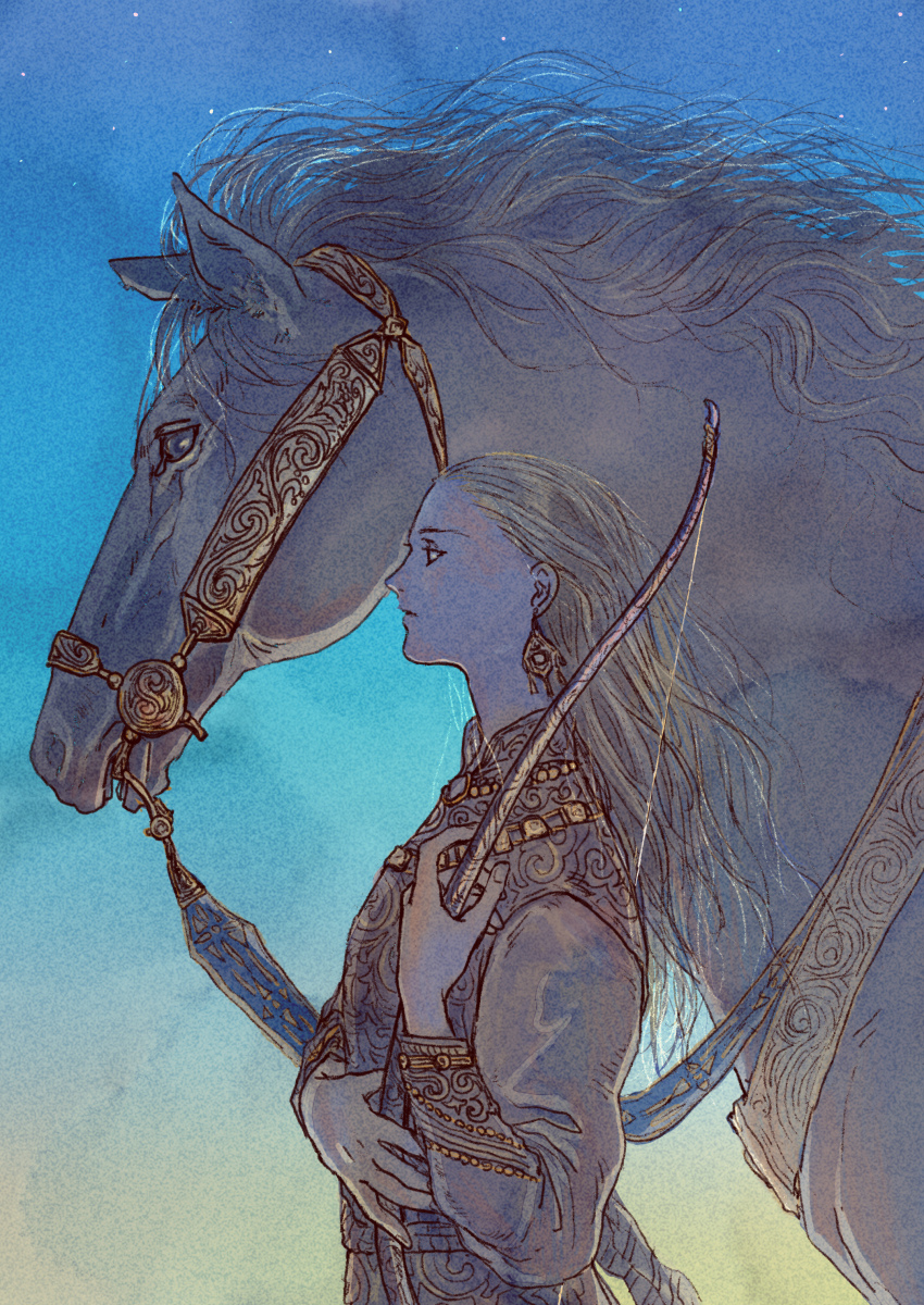 1girl absurdres ajitsuke_nori animal blonde_hair blue_sky bow_(weapon) commentary dawn earrings english_commentary from_side gold_trim highres holding holding_bow_(weapon) holding_weapon horse jewelry long_hair looking_afar mane original profile skull_earrings sky upper_body weapon