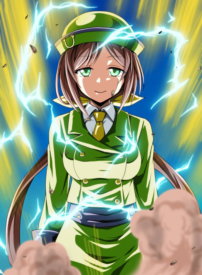 1girl absurdres aura bowler_hat brown_hair buttons closed_mouth commentary cowboy_shot double-breasted dragon_ball dragonball_z dress_shirt electricity formal_clothes green_eyes green_hat green_jacket green_skirt hair_ribbon half-closed_eyes hat hayakawa_tazuna highres horseshoe_ornament jacket kamishima_kanon long_hair long_sleeves looking_at_viewer necktie pencil_skirt ribbon shirt skirt skirt_suit smile solo split_ponytail standing suit super_saiyan super_saiyan_2 umamusume very_long_hair white_shirt wing_collar yellow_necktie yellow_ribbon