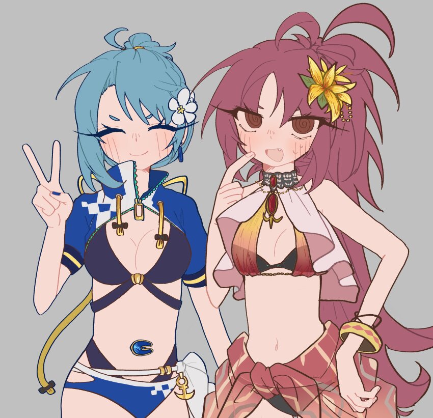 2girls @_@ ^_^ absurdres anchor_ornament bikini black_bikini blue_hair blue_shrug bracelet breasts cape cleavage closed_eyes commentary earrings flower grey_background hair_flower hair_ornament hand_fan hand_on_own_hip hashtag-only_commentary high_ponytail highres jewelry long_hair looking_at_viewer magia_record:_mahou_shoujo_madoka_magica_gaiden mahou_shoujo_madoka_magica miki_sayaka miki_sayaka_(surfer_ver.) multiple_girls navel official_alternate_costume open_mouth ponytail rabbit11201206 red_eyes red_hair sakura_kyoko sakura_kyoko_(swimsuit_ver.) sash simple_background smile soul_gem standing stomach_jewel swimsuit v white_flower