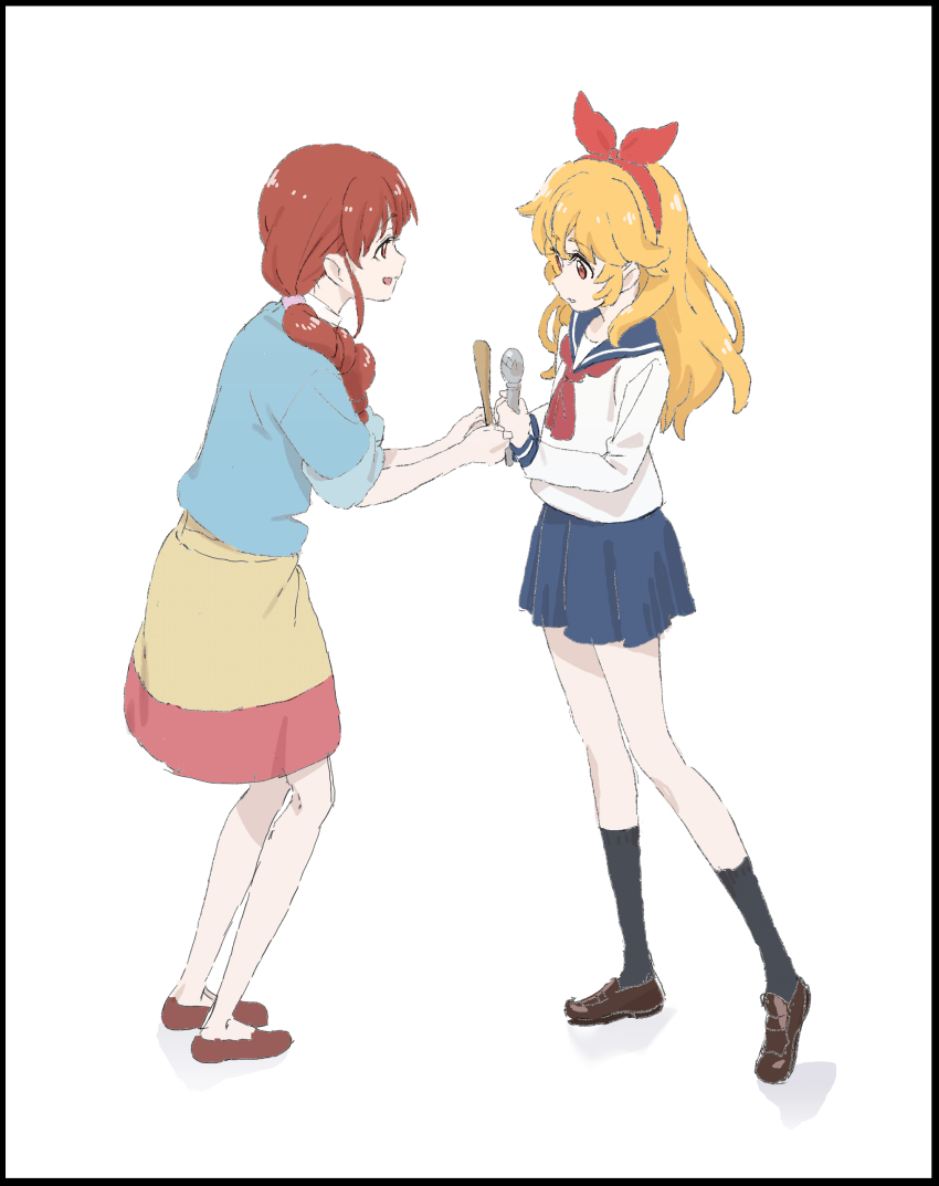 absurdres aikatsu! aikatsu!_(series) black_socks blonde_hair blue_sailor_collar blue_shirt blue_skirt bow bow_hairband brown_eyes brown_footwear brown_hair from_side front_ponytail full_body hair_bow hair_ornament hair_scrunchie hairband highres holding holding_microphone hoshimiya_ichigo hoshimiya_ringo_(aikatsu!) loafers long_hair long_sleeves looking_at_another low_ponytail medium_skirt microphone miniskirt mother_and_daughter neckerchief pink_scrunchie ponytail red_bow red_eyes red_hairband red_neckerchief red_skirt sailor_collar saitou_atsushi_(kamatamanankotu) school_uniform scrunchie shirt shoes sidelocks sideways_mouth simple_background skirt sleeves_rolled_up socks standing star_harmony_academy_school_uniform straight_hair two-tone_skirt white_background white_shirt yellow_skirt