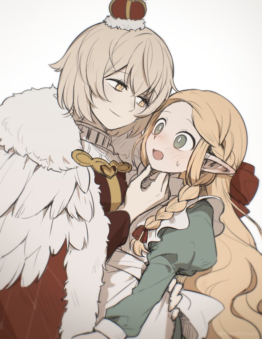 2girls absurdres alice&#039;s_adventures_in_wonderland alice_(alice_in_wonderland) alice_(alice_in_wonderland)_(cosplay) apron aqua_dress aqua_eyes blonde_hair blush braid brooch brown_sleeves cape commentary cosplay crown diamond_print dress dungeon_meshi english_commentary eye_contact face-to-face falin_touden feathers fur-trimmed_cape fur_trim hair_between_eyes hair_ribbon hand_on_another&#039;s_chin hand_on_another&#039;s_hip hand_up heart heart_brooch highres jewelry long_hair long_sleeves looking_at_another marcille_donato mayo_(mayo88meshi) mini_crown multiple_girls nose_blush open_mouth pointy_ears queen_of_hearts_(alice_in_wonderland) queen_of_hearts_(alice_in_wonderland)_(cosplay) red_cape red_ribbon ribbon short_hair single_braid smile sweatdrop upper_body white_apron white_sleeve_cuffs yellow_eyes yuri