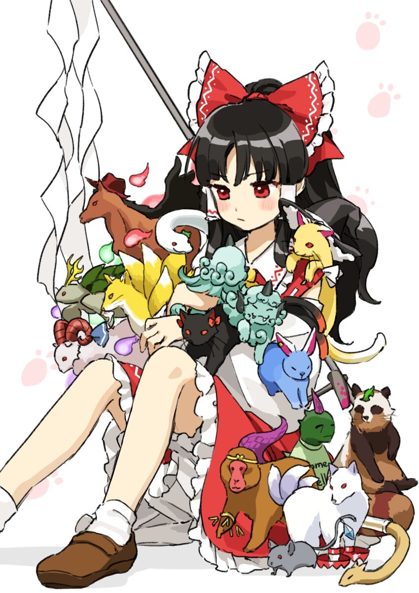1girl ascot black_hair bloomers bow brown_footwear commentary_request frilled_bow frilled_skirt frills futatsuiwa_mamizou futatsuiwa_mamizou_(tanuki) gohei hair_bow hakurei_reimu highres hitodama kaenbyou_rin kaenbyou_rin_(cat) kaigen_1025 kicchou_yachie kicchou_yachie_(jidiao) kirisame_marisa kochiya_sanae komano_aunn kurokoma_saki kurokoma_saki_(pegasus) loafers long_hair long_sleeves mitsugashira_enoko mitsugashira_enoko_(dog) nazrin nazrin_(mouse) red_bow red_eyes red_skirt seiran_(touhou) seiran_(touhou)_(bunny) shirt shoes simple_background sitting skirt sleeveless sleeveless_shirt socks son_biten son_biten_(monkey) tenkajin_chiyari tenkajin_chiyari_(tenkajin) touhou toutetsu_yuuma toutetsu_yuuma_(sheep) underwear white_background white_bloomers white_sleeves white_socks wide_sleeves yakumo_ran yakumo_ran_(fox) yellow_ascot