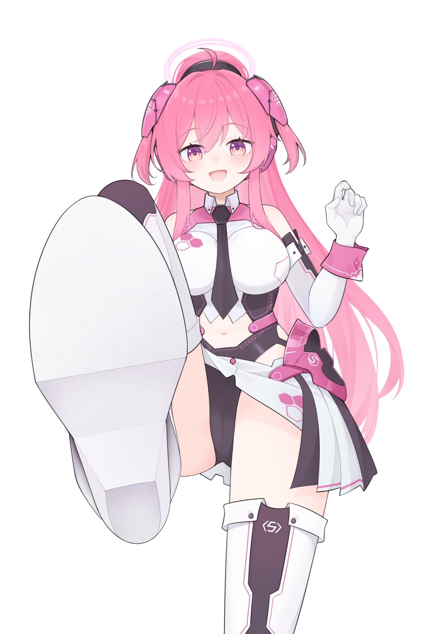 1girl :d absurdres ahoge bare_shoulders barefoot bemani black_necktie black_panties boots breasts cameltoe collared_shirt commission elbow_gloves feet foot_focus foot_up foreshortening gloves hair_between_eyes hair_ornament hand_up high_heel_boots high_heels highres impossible_clothes large_breasts long_hair looking_at_viewer necktie open_mouth panties pink_eyes pink_hair pink_wrist_cuffs pixiv_commission pleated_skirt rasis shirt shoe_soles sidelocks skirt smile soles solo sound_voltex thigh_boots thighs underwear very_long_hair white_boots white_gloves wl217_(nicexa111) wrist_cuffs