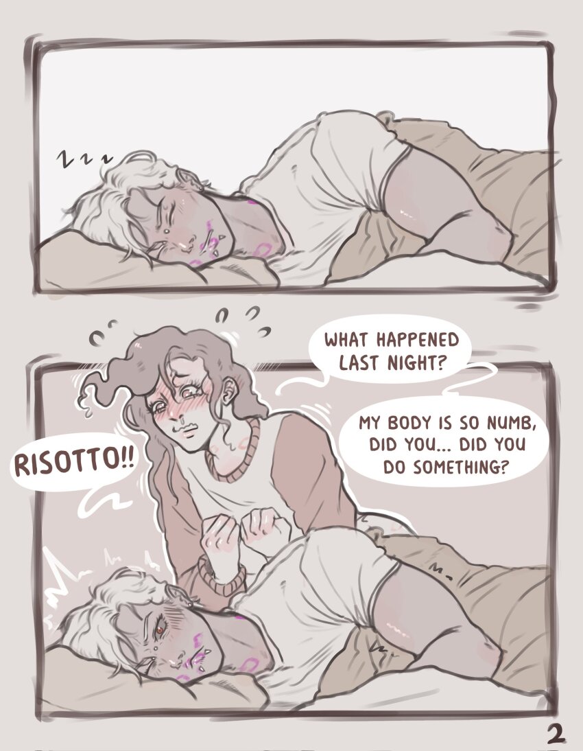2boys aftersex bacchyarts bed bite_mark blush comic english_text flying_sweatdrops highres jojo_no_kimyou_na_bouken lipstick_mark lipstick_mark_on_face lipstick_mark_on_neck long_hair looking_at_another lying male_focus multiple_boys piercing red_eyes risotto_nero shirt sleeping speech_bubble vento_aureo vinegar_doppio yaoi