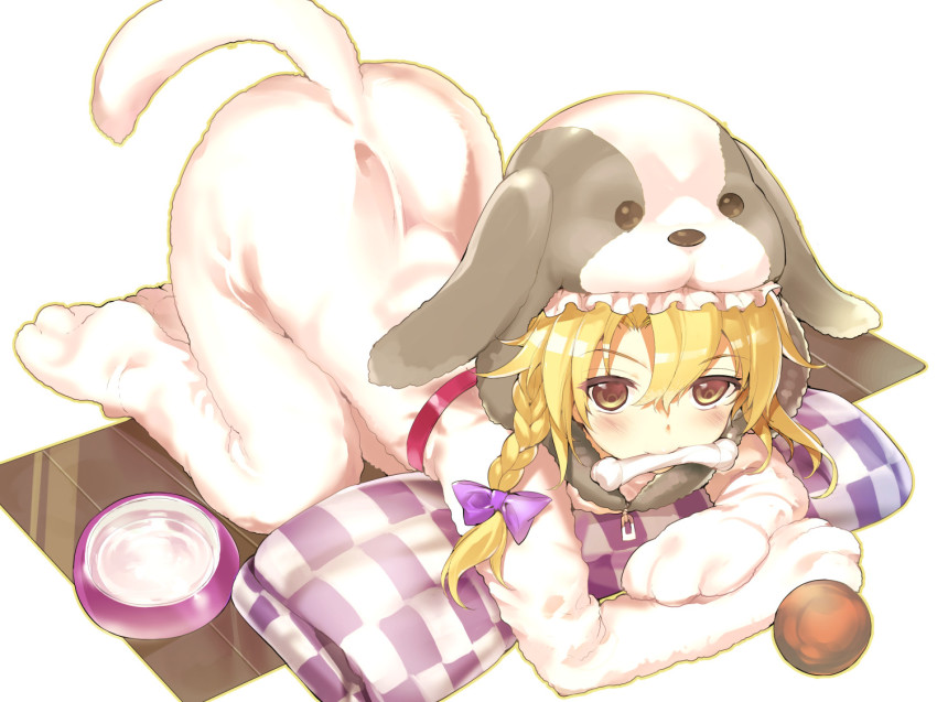1girl all_fours animal_costume animal_hat ass ball bent_over blonde_hair blush bone bow bowl braid collar cookie_(touhou) dog_costume dog_hat dog_tail female_focus hair_bow hat kirisame_marisa mouth_hold mutsutake nokonoko pet_bowl rei_(cookie) side_braid solo tail touhou yellow_eyes
