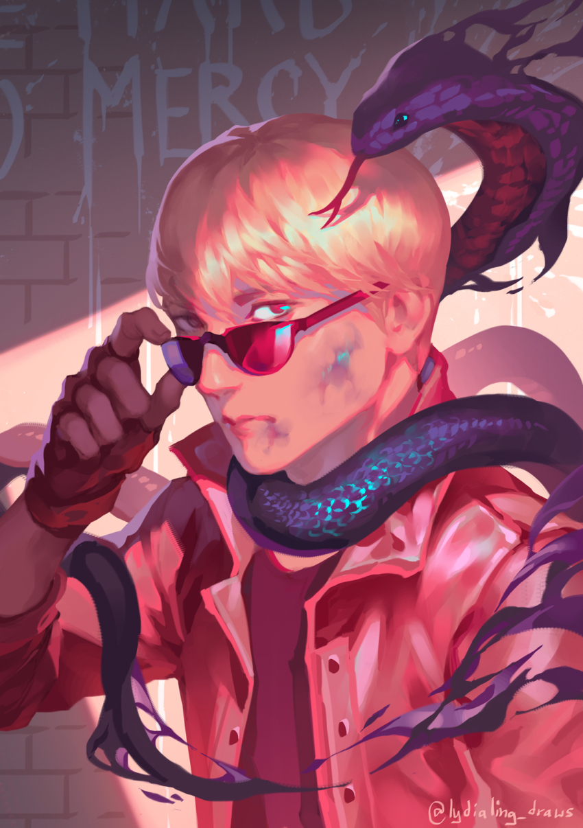 1boy adjusting_eyewear animal animal_around_neck black_gloves blonde_hair brown_eyes bruise bruise_on_face closed_mouth cobra_kai commentary english_commentary gloves hand_up highres injury jacket johnny_lawrence looking_at_viewer lydia_ling male_focus open_clothes open_jacket realistic red_jacket short_hair snake solo sunglasses the_karate_kid upper_body