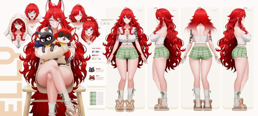 1girl absurdres anger_vein animal_slippers arm_tattoo black_nails blush braid breasts bunny_slippers cardigan chair cleavage closed_eyes closed_mouth collarbone color_guide crossed_legs dragon_tattoo elly_(vtuber) elly_(vtuber)_(pajamas) glasses green_eyes hair_between_eyes hair_ornament hair_over_one_eye highres indie_virtual_youtuber jewelry long_hair long_sleeves multiple_expressions multiple_views nail_polish necklace on_chair open_mouth pajamas red_hair reference_sheet ribbed_socks riki-to ring round_eyewear signature sitting slippers smile socks sparkling_eyes tattoo twitter_username virtual_youtuber white_cardigan white_socks