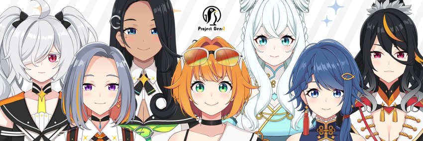6+girls black_hair blue_eyes blue_hair brown_hair dark-skinned_female dark_skin double_bun earrings female_focus green_eyes grey_hair hair_bun jewelry kou_mineyuki long_hair looking_at_viewer multicolored_hair multiple_girls nao_minami nico_minamoto official_art orange_hair pale_skin project_gen2 red_eyes retsuna rinne_adegawa shirahane_urumi shirahige_tsumugi tsubasa_aiba upper_body virtual_youtuber white_hair