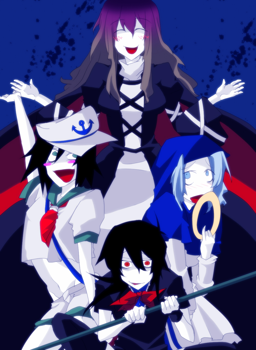 4girls anchor black_hair blue_eyes blue_hair blush bow brown_hair cape closed_eyes female_focus gradient_hair groin hat highres hijiri_byakuren hood houjuu_nue jewelry koishi_komeiji&#039;s_heart-throbbing_adventure kumoi_ichirin long_skirt long_sleeves multicolored_hair multiple_girls murasa_minamitsu navel open_mouth outstretched_arms purple_hair red_eyes ring rui_(hershe) sailor short_sleeves skirt touhou weapon wide_sleeves wings