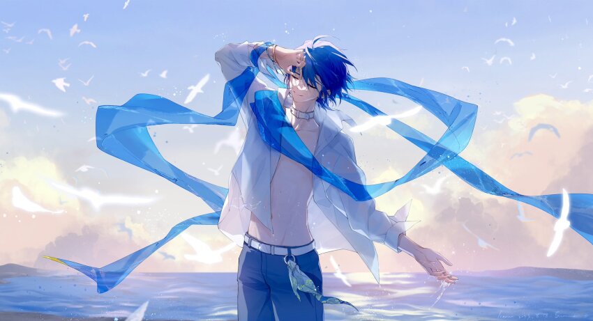 1boy arm_at_side arm_up backlighting beach belt belt_buckle belt_collar bird bishounen blue_hair blue_nails blue_pants blue_scarf blue_sky blue_theme bracelet buckle buttoned_cuffs buttons closed_eyes cloud collar collarbone collared_shirt cowboy_shot day dress_shirt evening facing_viewer fingernails floating_hair flock glint gradient_sky grey_sky groin hair_between_eyes happy highres horizon jewelry kaito_(vocaloid) light_particles light_smile long_scarf male_focus navel neckerchief o-ring open_clothes open_shirt outdoors pants parted_lips pink_clouds print_neckerchief scarf see-through_clothes see-through_scarf shade shirt shore sky sleeve_cuffs splashing standing stomach sunlight vocaloid water water_drop wet wet_hair white_belt white_bird white_shirt yellow_clouds yellow_sky zhiyunxiaojing
