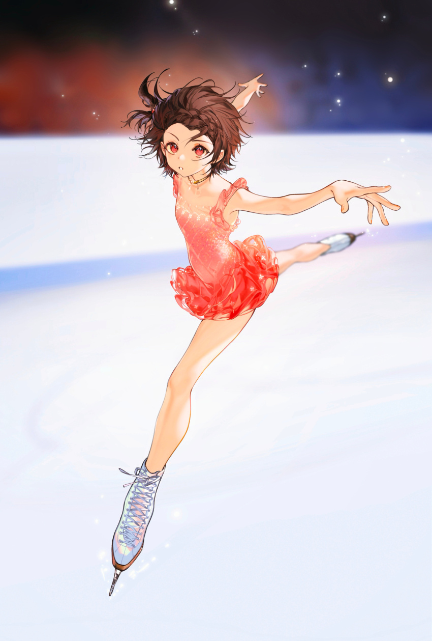 1girl :o arlizi bare_arms bare_legs blurry blurry_background braid brown_hair commentary cross-laced_footwear crown_braid depth_of_field dress figure_skating figure_skating_dress foreshortening full_body gold_necklace hair_bobbles hair_ornament highres ice_skates ice_skating jewelry leg_up light_particles looking_at_viewer medalist_(manga) necklace one_side_up open_mouth outstretched_arms pink_dress red_eyes short_dress short_hair skates skating skating_rink sleeveless sleeveless_dress solo standing standing_on_one_leg white_footwear yuitsuka_inori