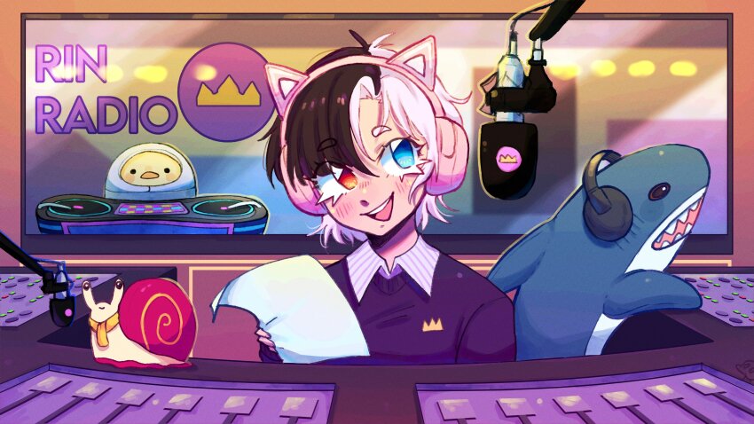 1girl :d absurdres animal_ear_headphones animal_ears black_hair blue_eyes blush cat_ear_headphones character_name closed_mouth collared_shirt commentary english_commentary english_text eyelashes fake_animal_ears headphones heterochromia highres holding holding_paper chromashift ikea_shark lucinda_grey microphone mixing_console multicolored_hair open_mouth paper phonograph purple_shirt radio_booth red_eyes rin_penrose scarf scrunkly_(rin_penrose) shirt short_hair smile snail snebby_(rin_penrose) split-color_hair stuffed_animal stuffed_shark stuffed_toy teeth turntable two-tone_hair upper_teeth_only virtual_youtuber white_hair window yellow_scarf