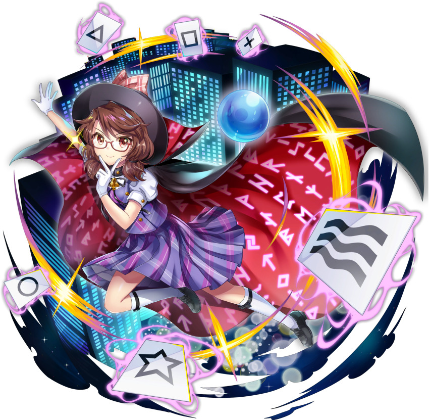 1girl black_cloak black_hat black_shoes brown_eyes brown_hair building cloak closed_mouth full_body game_cg glasses gloves hat highres kneehighs loafers looking_at_viewer low_twintails medium_hair official_art outdoors plaid_clothes plaid_skirt plaid_vest puffy_short_sleeves puffy_sleeves purple_skirt purple_vest quimbaya_airplane red-framed_eyewear red_cloak rotte_(1109) runes semi-rimless_eyewear shirt shoes short_sleeves skirt skyscraper smile socks solo third-party_source touhou touhou_lostword transparent_background twintails two-sided_cloak two-sided_fabric under-rim_eyewear usami_sumireko vest white_gloves white_shirt white_socks zener_card