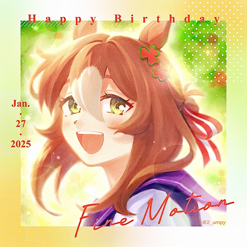 1girl animal_ears blush brown_hair character_name clover_hair_ornament dated fine_motion_(umamusume) green_eyes hair_between_eyes hair_bun hair_ornament hair_ribbon happy_birthday highres horse_ears looking_at_viewer looking_to_the_side open_mouth portrait purple_shirt ribbon sailor_collar shirt short_hair smile solo tsutsu_(hinanjo_22) twitter_username umamusume