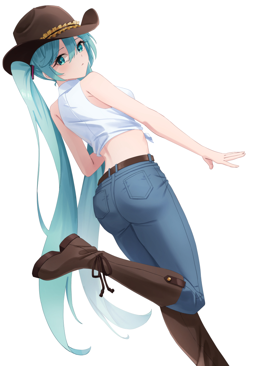 1girl absurdres amaama_(beccyonaika1) aqua_eyes aqua_hair ass bare_arms bare_shoulders belt blue_pants boots brown_belt brown_boots brown_hat cowboy_hat cowgirl_(western) denim dutch_angle from_behind hat hatsune_miku highres jeans knee_boots leg_up long_hair looking_at_viewer looking_back midriff pants shirt simple_background sleeveless sleeveless_shirt solo standing standing_on_one_leg tied_shirt twintails variant_set very_long_hair vocaloid white_background white_shirt