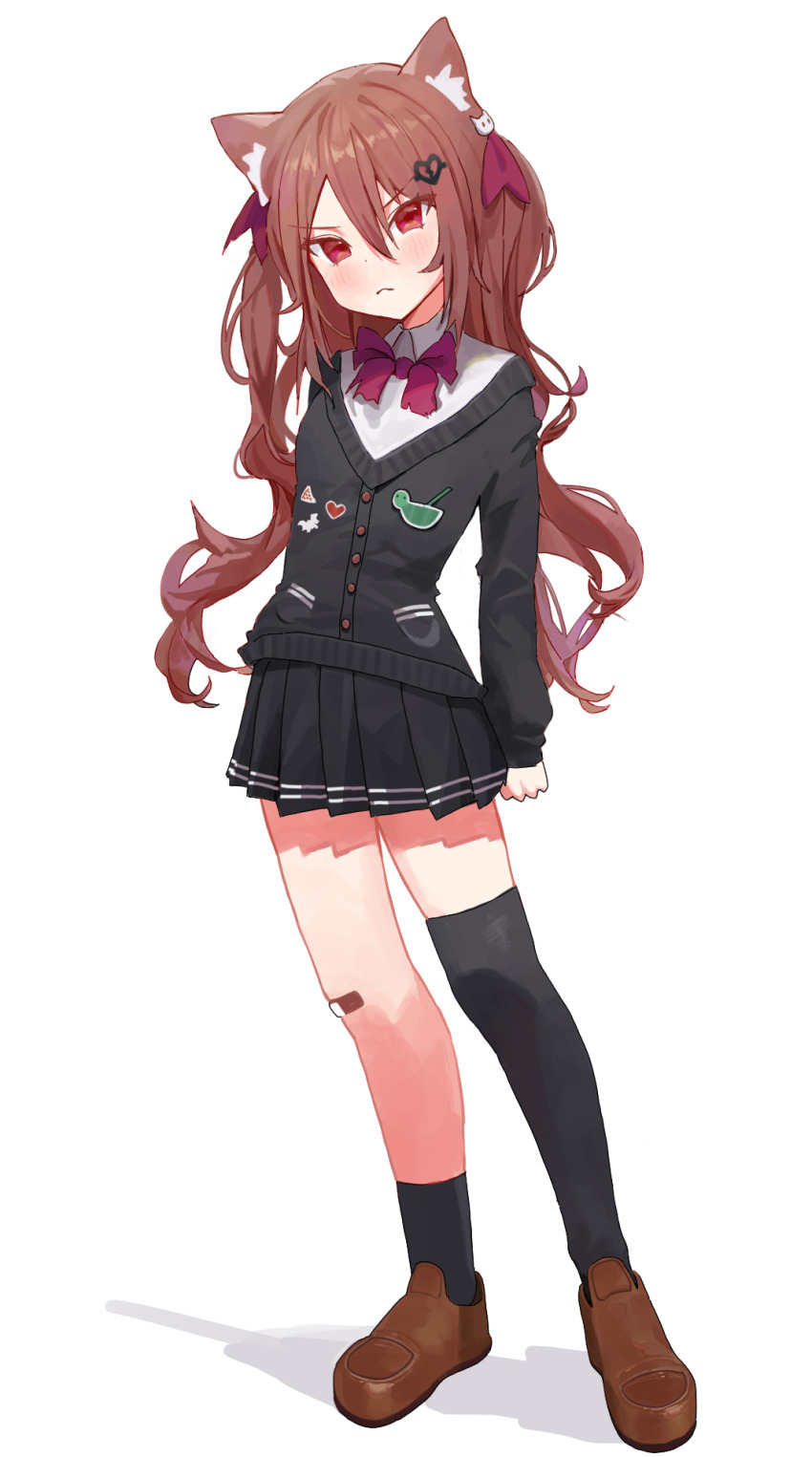 1girl animal_ears asymmetrical_legwear black_skirt black_socks black_thighhighs bow bowtie broken_heart broken_heart_hair_ornament brown_hair brown_shoes cat_ears commentary dress_shirt ebsuiiote english_commentary evil_neuro-sama full_body hair_between_eyes hair_ornament heart highres long_hair long_sleeves looking_at_viewer neuro-sama off-shoulder_cardigan original pleated_skirt red_bow red_bowtie red_eyes red_ribbon ribbon shirt shoes simple_background single_sock single_thighhigh skirt skull_hair_ornament socks solo standing thighhighs uneven_legwear virtual_youtuber white_background white_shirt