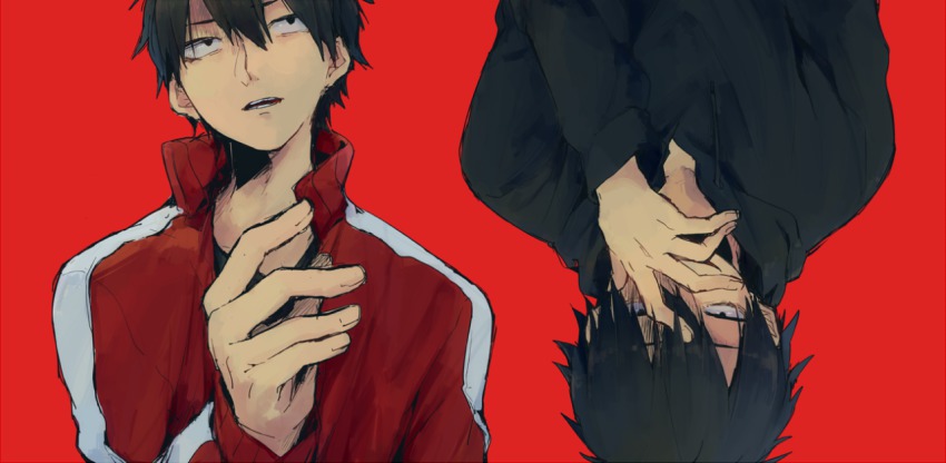 2boys black_eyes black_hair black_shirt grin hood hoodie jacket kagerou_project kisaragi_shintarou looking_at_viewer multiple_boys open_mouth red_background sanpaku shirt shizu_(kino_no_tabi) sidu_(dsd_kgn) simple_background smile track_jacket upper_body upside-down