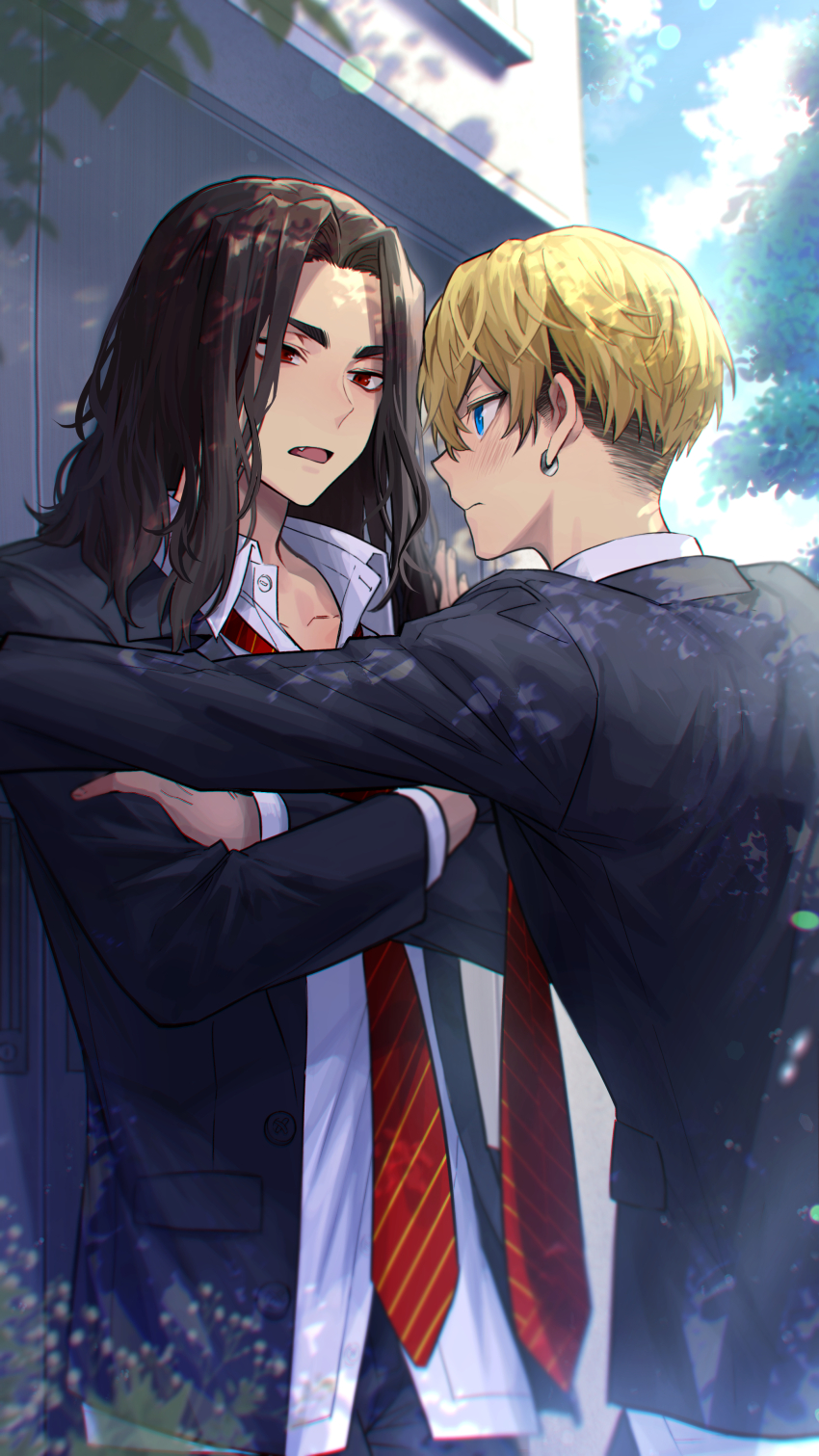 2boys absurdres baji_keisuke black_hair blonde_hair blue_eyes blue_jacket blue_pants blush collared_shirt cowboy_shot day earrings highres jacket jewelry kabedon long_hair long_sleeves looking_at_another male_focus matsuno_chifuyu multiple_boys nanin necktie open_mouth outdoors pants profile red_eyes red_necktie school_uniform shirt single_earring standing tokyo_revengers undercut v-shaped_eyebrows white_shirt yaoi