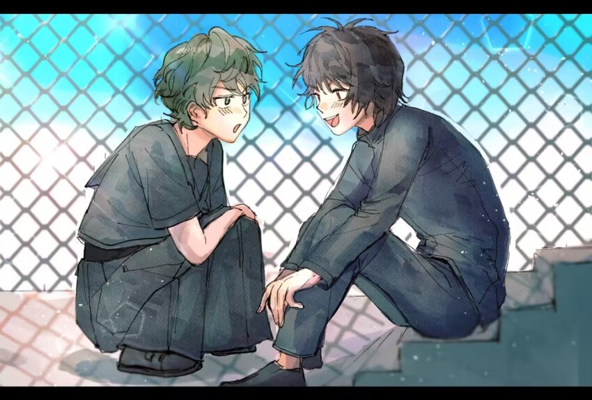 1boy 1girl alternate_costume black_pants black_serafuku black_shoes black_skirt blue_sky brown_hair chain-link_fence commentary_request day fence green_eyes green_hair harada_minoru isoi_rai light_particles long_skirt long_sleeves open_mouth outdoors pants red_eyes saibou_shinkyoku sailor_collar sailor_shirt sanpaku school_uniform serafuku shirt shoes short_hair short_sleeves sitting sitting_on_stairs skirt sky smile squatting stairs zran_(user_gppa4825)