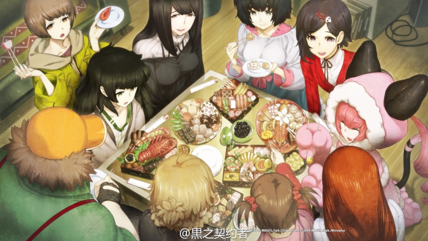 5pb. 6+girls akiha_rumiho amane_suzuha animal_hands animal_hood black_hair breasts brown_hair cat_hood cat_paws cat_tail cleavage eating faris_nyannyan fingerless_gloves food game_cg gloves hair_ornament hashida_itaru hat highres hiyajou_maho hood huke indoors kurushima_kaede long_hair makise_kurisu multiple_girls nakase_katsumi nitroplus official_art open_mouth pink_hair science_adventure shiina_kagari shiina_mayuri short_hair smile steins;gate steins;gate_0 tail tennouji_nae urushibara_ruka watermark weibo_watermark