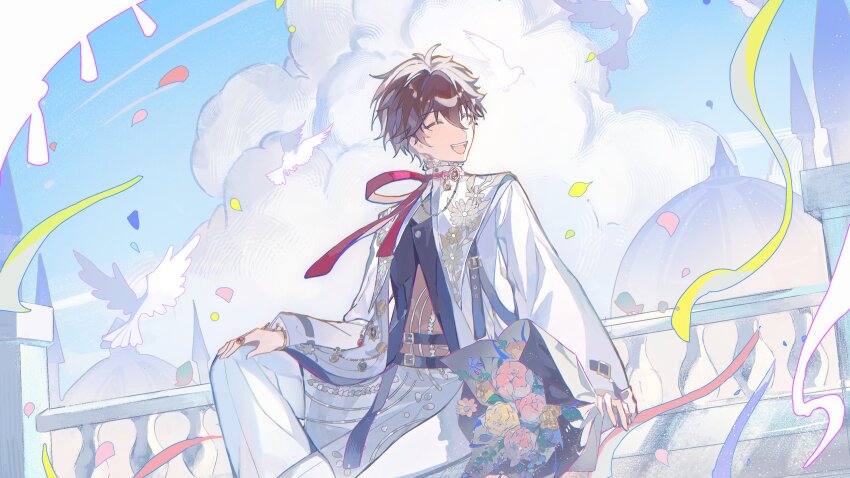 1boy blue_sky bouquet brown_hair chinese_commentary closed_eyes cloud confetti ensemble_stars! facing_to_the_side flower hair_between_eyes hand_on_own_leg high_collar highres holding holding_bouquet jacket jewelry long_sleeves male_focus morisawa_chiaki official_alternate_costume open_mouth outdoors pants ppzi567 red_ribbon ribbon ring short_hair sitting sky smile solo streamers teeth upper_teeth_only white_jacket white_pants
