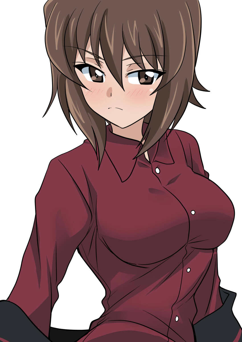 1girl absurdres blush breasts brown_eyes brown_hair dress_shirt girls_und_panzer hair_between_eyes highres jacket kuromorimine_military_uniform large_breasts looking_to_the_side military military_uniform nishizumi_maho putting_on_jacket red_shirt shirt short_hair solo unbuttoned_jacket wakku_kan