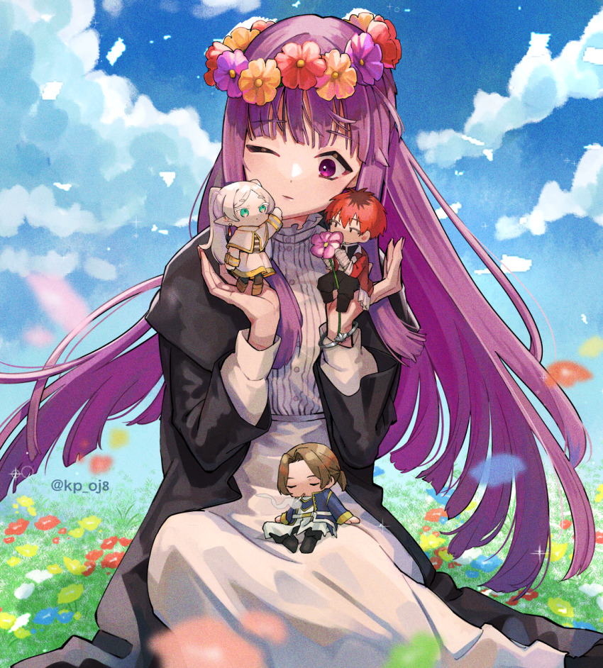 2boys 2girls artist_name bandaged_arm bandages black_coat black_eyes black_pants blue_coat brown_hair buttons chibi cigarette closed_eyes coat covered_mouth dress fern_(sousou_no_frieren) field flower flower_field frieren green_eyes head_wreath highres holding_chibi long_dress long_hair long_sleeves looking_at_another multiple_boys multiple_girls one_eye_closed open_clothes open_coat outdoors pants ponytail purple_eyes purple_hair red_coat red_hair scripco sein_(sousou_no_frieren) sitting smoking sousou_no_frieren stark_(sousou_no_frieren) twintails white_dress white_hair
